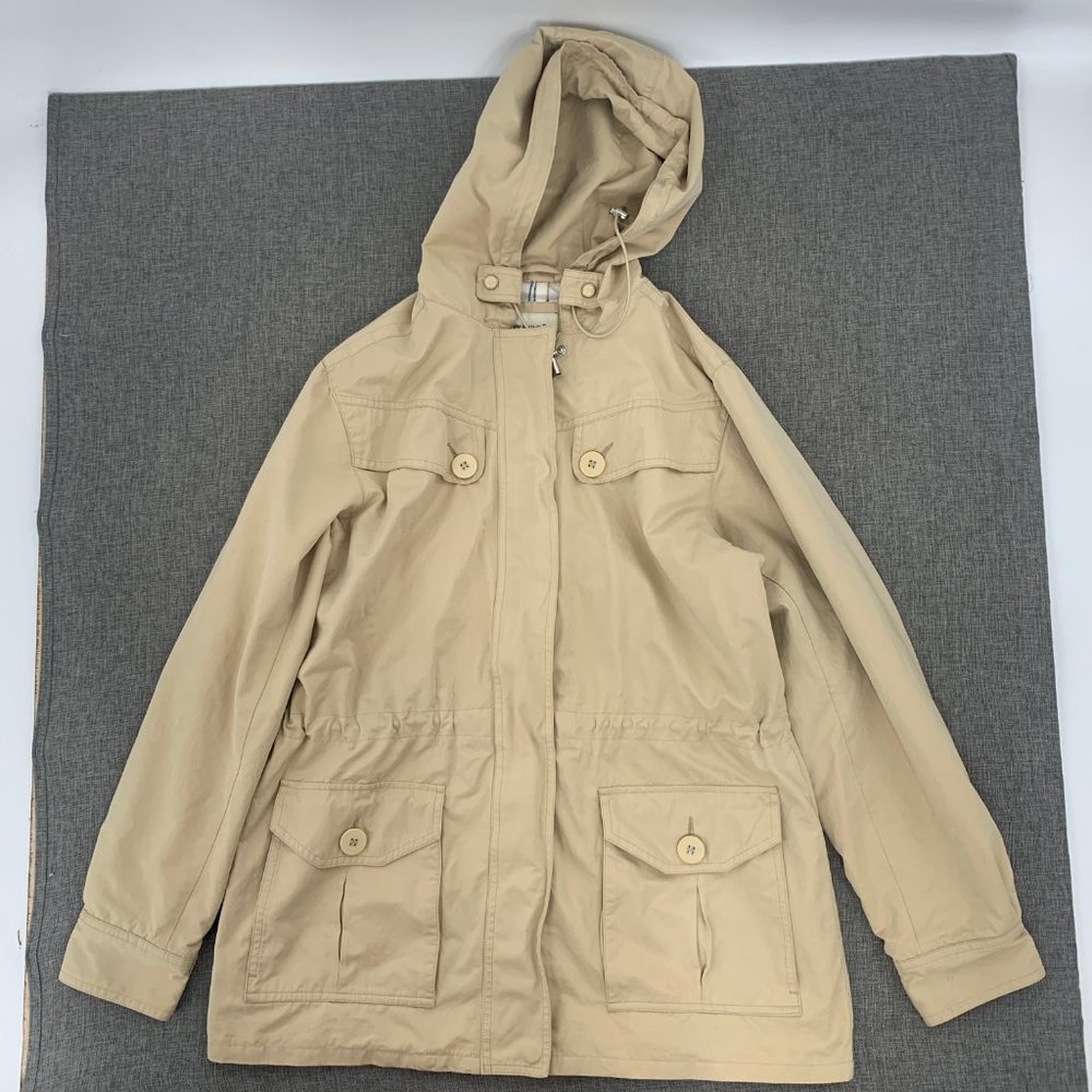 St. Johns Bay Beige Hooded Jacket Medium Long Sleeve Pockets Cotton Nylon Poly